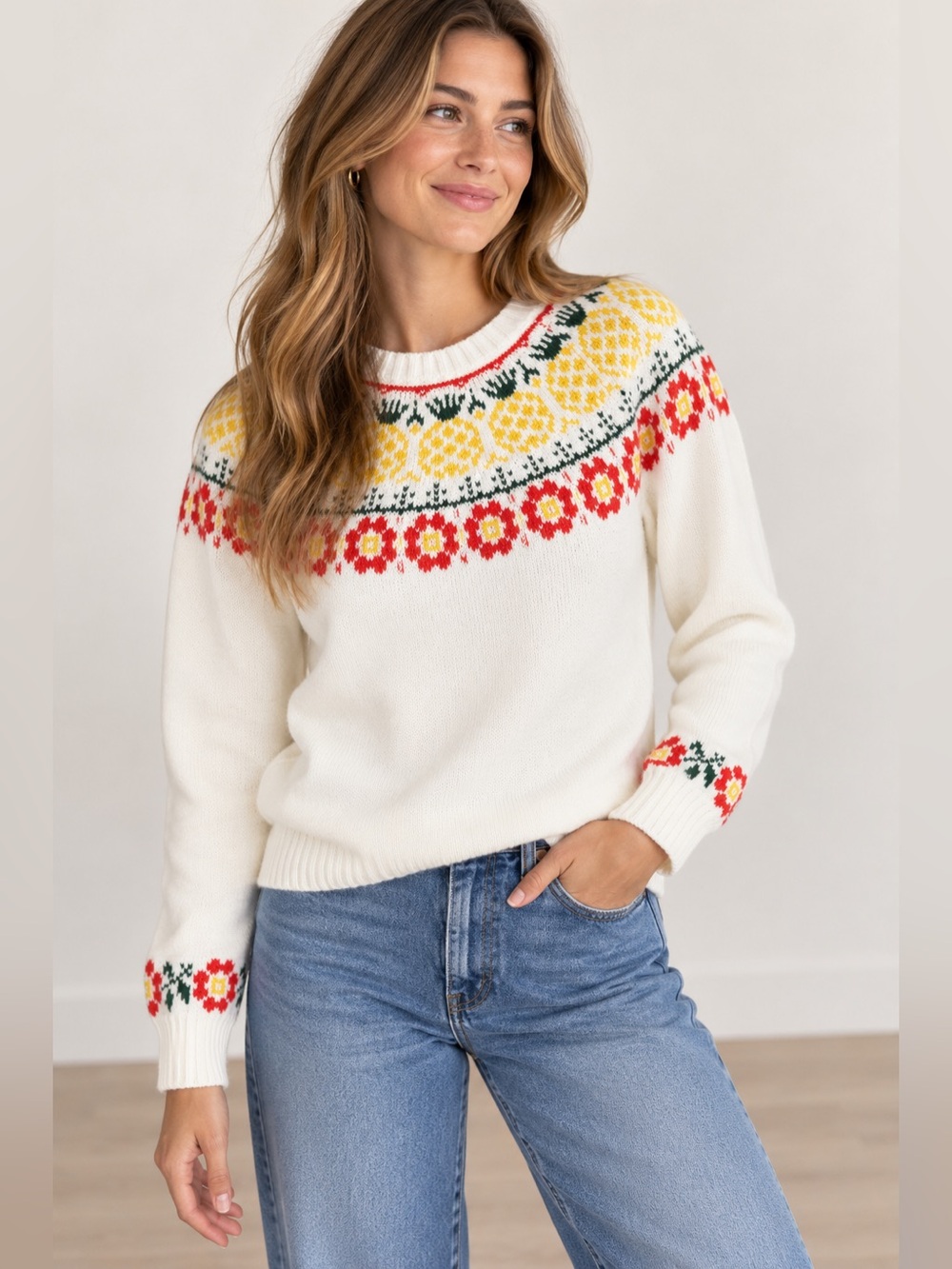 Classic Prep Katrina Pineapple Fair Isle Cotton Sweater Small Preppy Floral